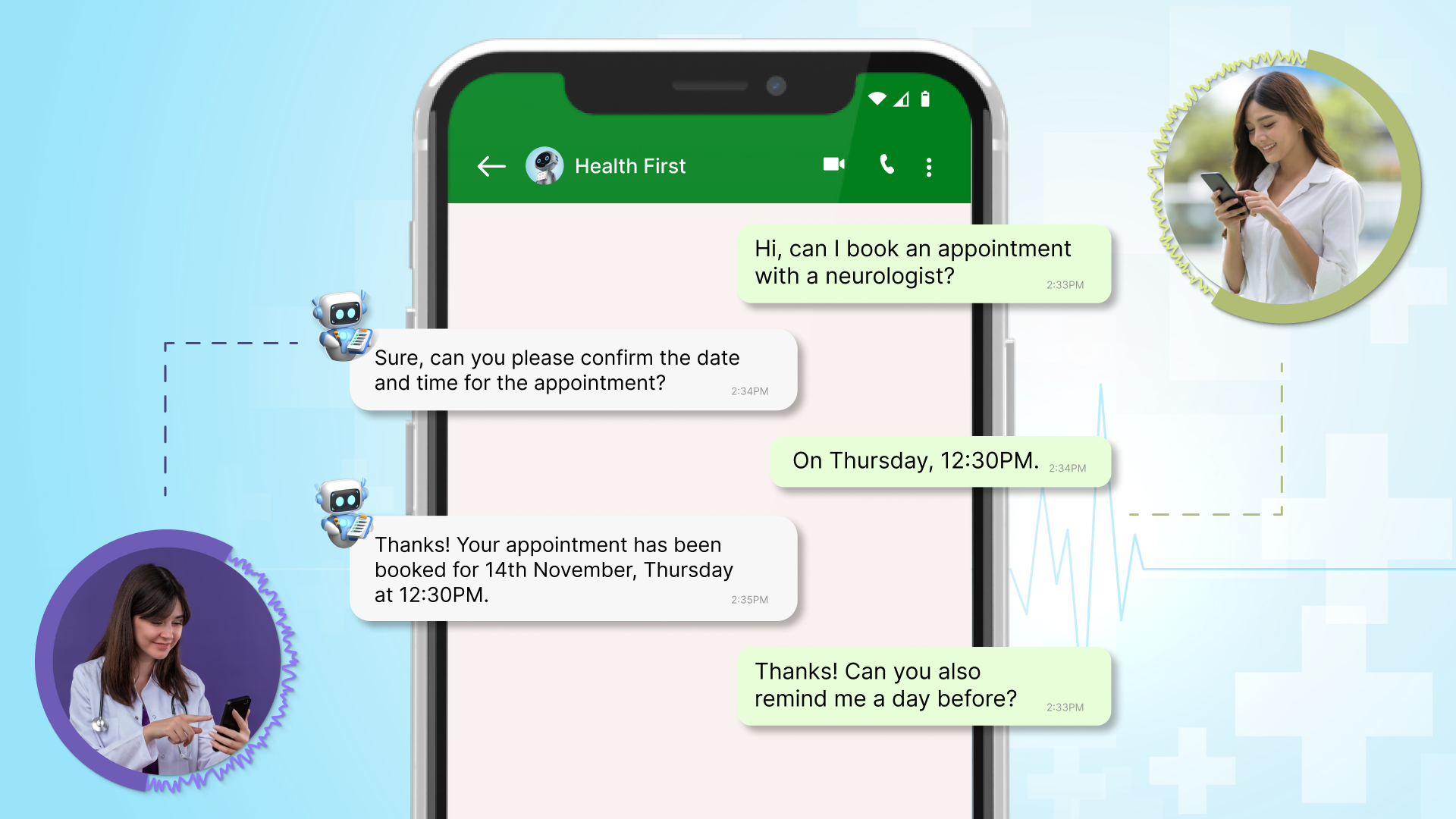 24/7 AI chatbot providing instant patient support on WhatsApp Business API for healthcare queries and appointment booking